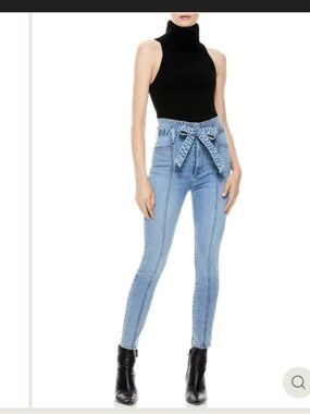Alice + Olivia Light Blue High-Rise Paperbag Waist Jeans with Tie